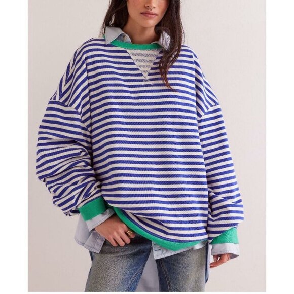 NEW WE THE FREE BY FP CLASSIC STRIPED SAND DOLLAR OVERSIZED SWEATSHIRT SMALL - Picture 1 of 8